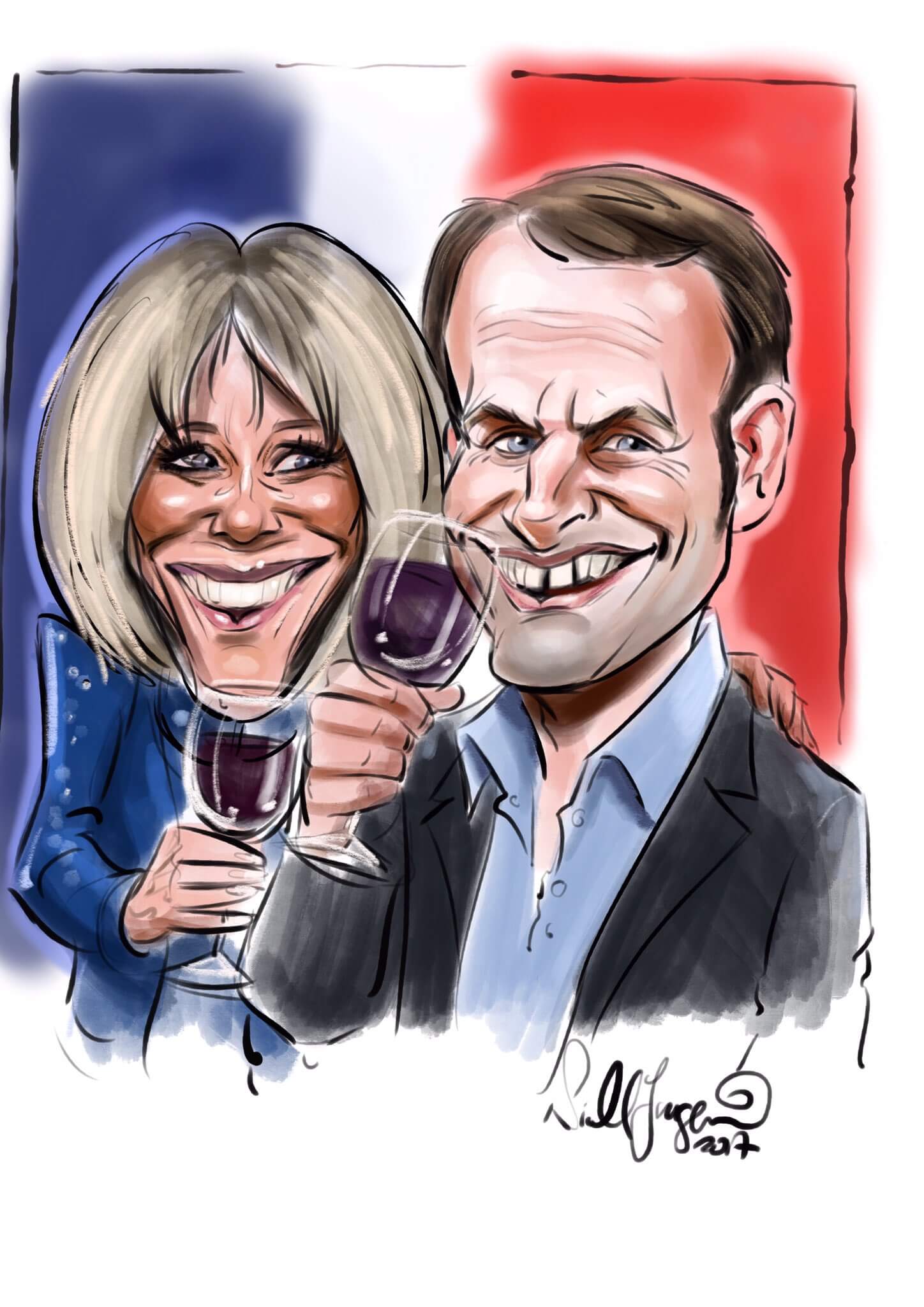 Caricature of Macron and his wife drinking wine in fancy suit